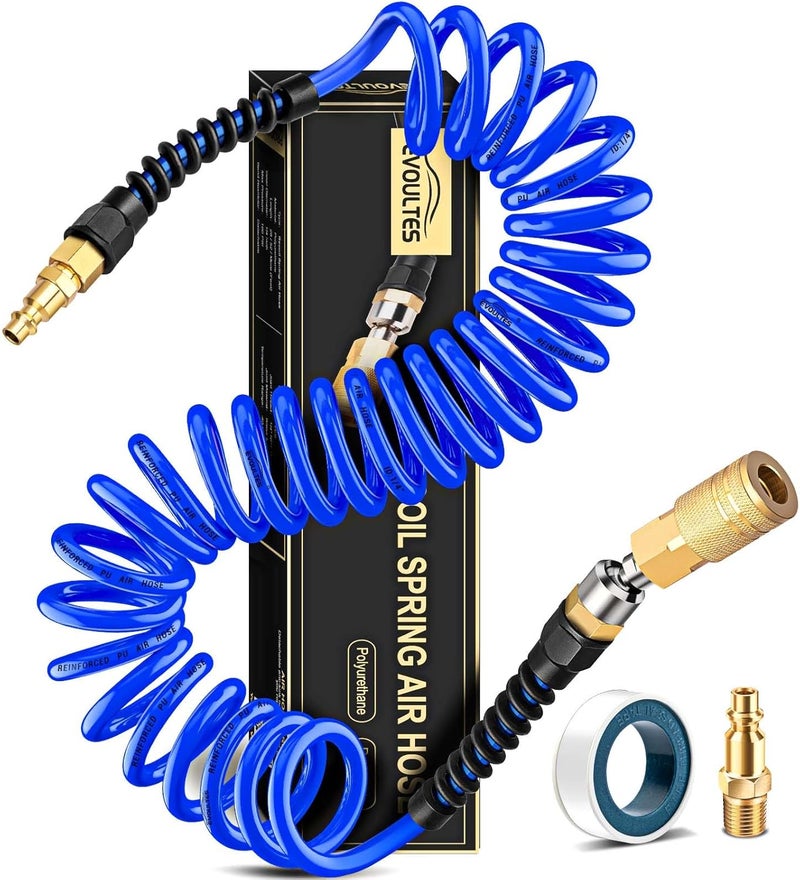 EVOULTES 1/4 In x 28 Ft Polyurethane Recoil Air Compressor Hose, Upgraded Air Hose with Repairable Bend Restrictor, Air Hose kit w/ 360° Swivel 1/4" NPT Coupler & Brass Quick Connect Air Fittings - Image 1